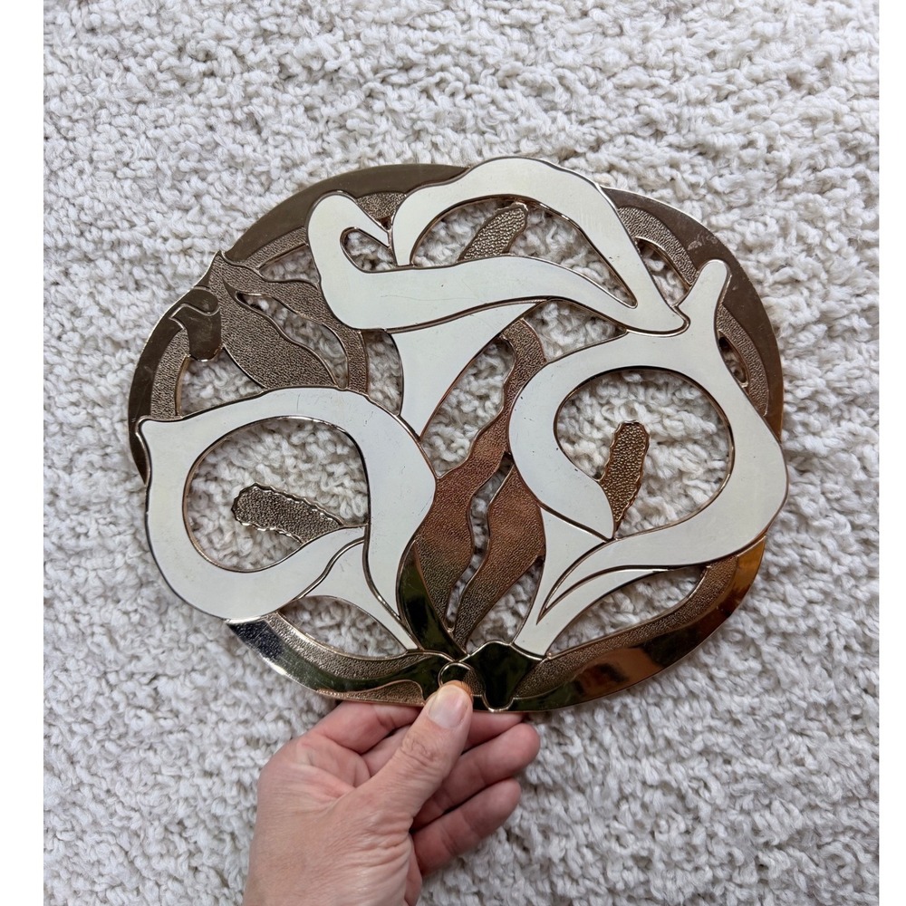 Vintage Japan Calla‎ Lily Trivet Kitchen 8in Gold Cream Good Floral Art Nouveau